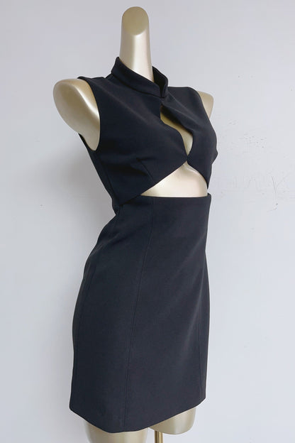 Stand Collar Cutout Mini Dress in Black