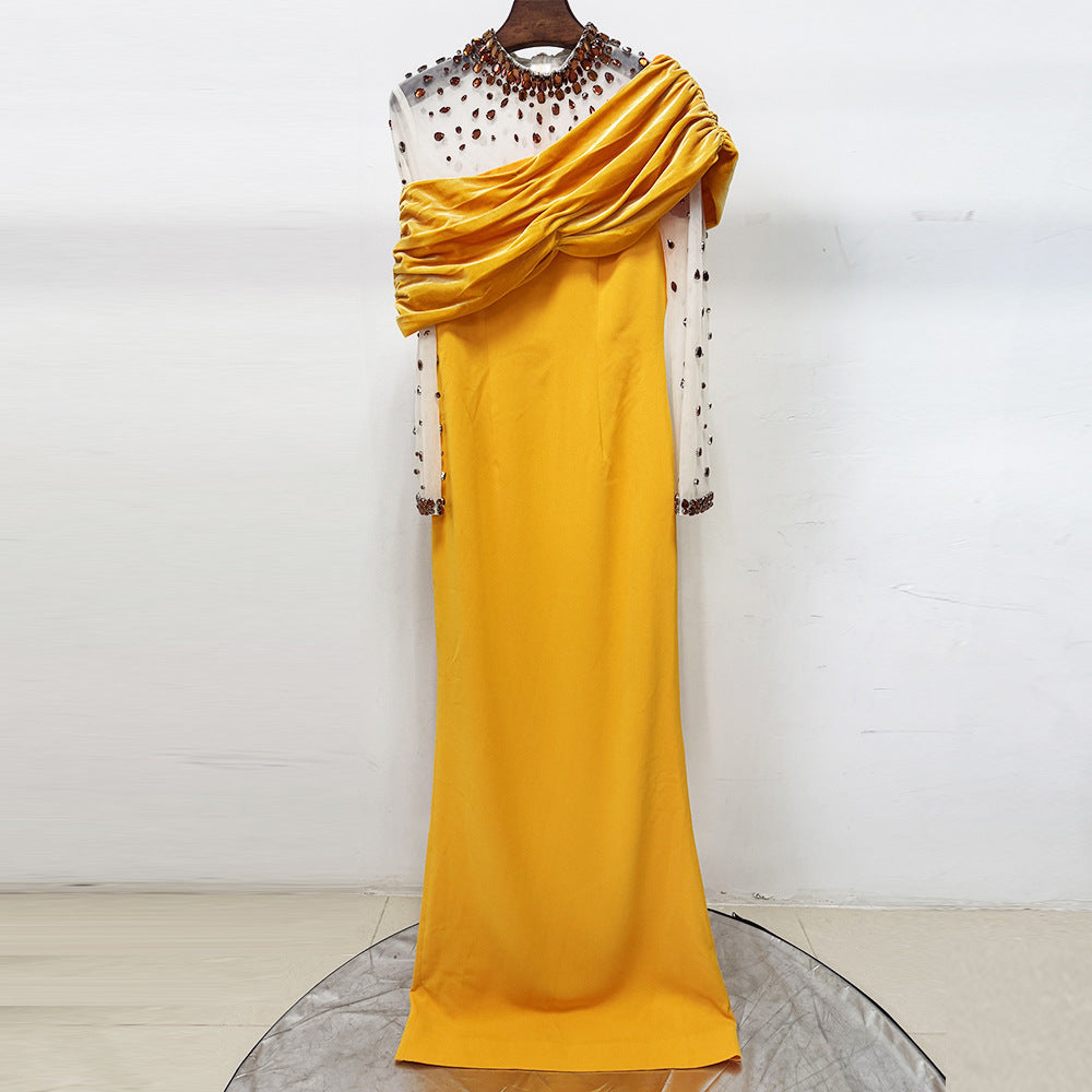 Mesh-Paneled Beaded Rhinestone-Embellished Maxi Dress - Yellow Avalabel