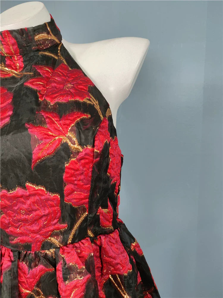 Jacquard halter backless A-line mini dress Avalabel
