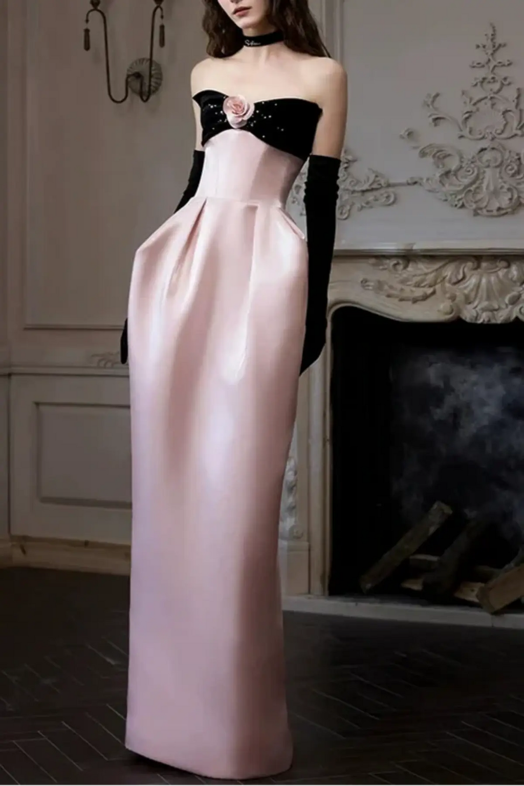 Satin Pink Flower Strapless Maxi Prom Dress Avalabel