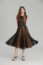 Phoenix 3D Embroidered Lace Mesh Midi Dress in Black Avalabel