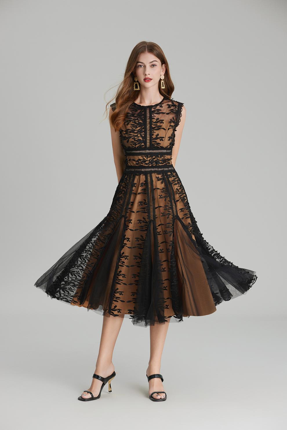 Phoenix 3D Embroidered Lace Mesh Midi Dress in Black