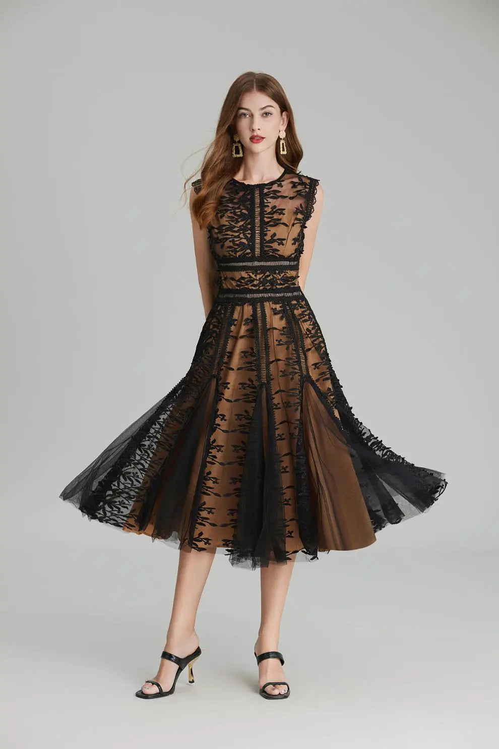 Phoenix 3D Embroidered Lace Mesh Midi Dress in Black Avalabel