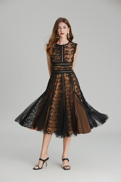 Phoenix 3D Embroidered Lace Mesh Midi Dress in Black