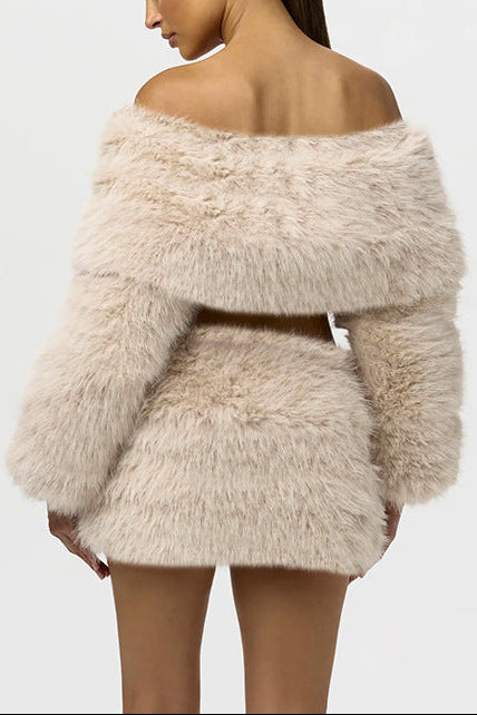 verna faux fur off-shoulder long sleeve top in beige Avalabel