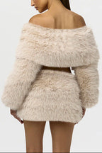 verna faux fur off-shoulder long sleeve top in beige Avalabel