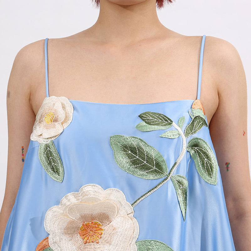 Edwina Applique Floral Embroidered Mini Dress in Blue Avalabel
