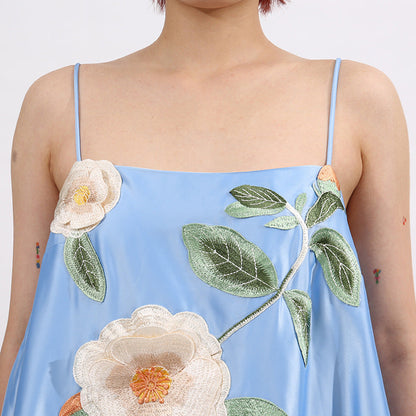 Edwina Applique Floral Embroidered Mini Dress in Blue