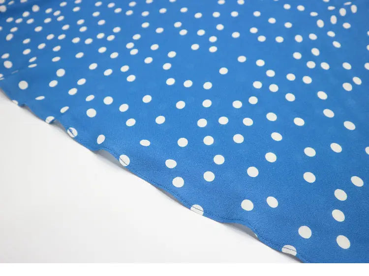 Lyuba Polka Dot Lace-Trimmed V-Neck Maxi Dress in Blue Avalabel