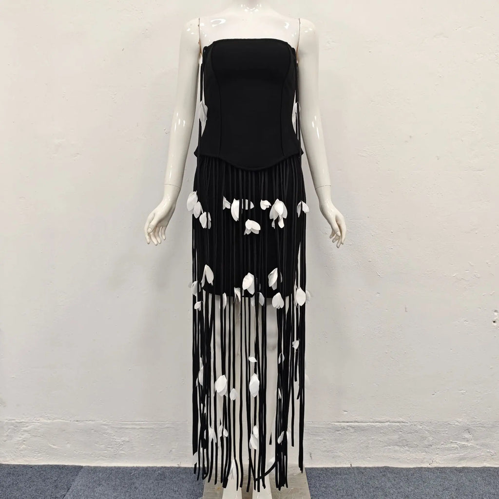 hilary black flower tassel strapless mini dress Avalabel