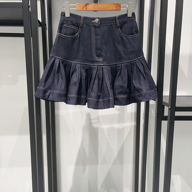 Ruffled Mini Denim Skirt in Deep Blue Avalabel