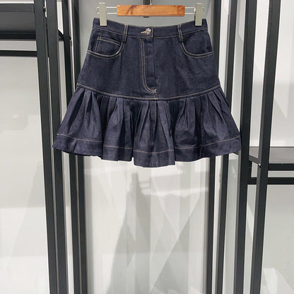 Ruffled Mini Denim Skirt in Deep Blue
