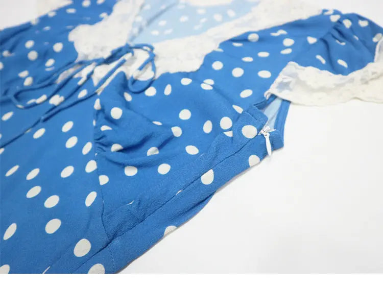 Lyuba Polka Dot Lace-Trimmed V-Neck Maxi Dress in Blue Avalabel