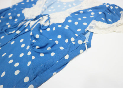 Lyuba Polka Dot Lace-Trimmed V-Neck Maxi Dress in Blue