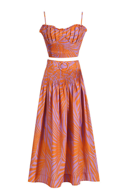 Pleated Floral-Print Linen Bustier Top Skirt Set in Blue Avalabel