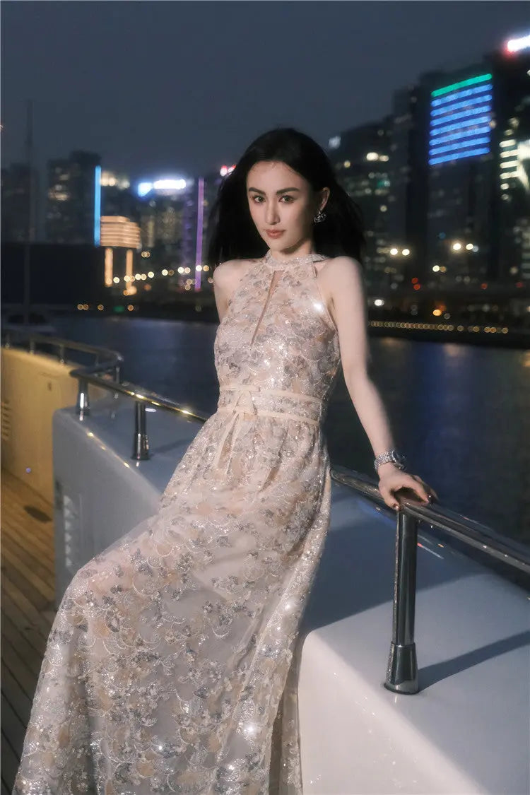 Gold Couture with Floral Embroidery Sequin Banquet Dress Avalabel