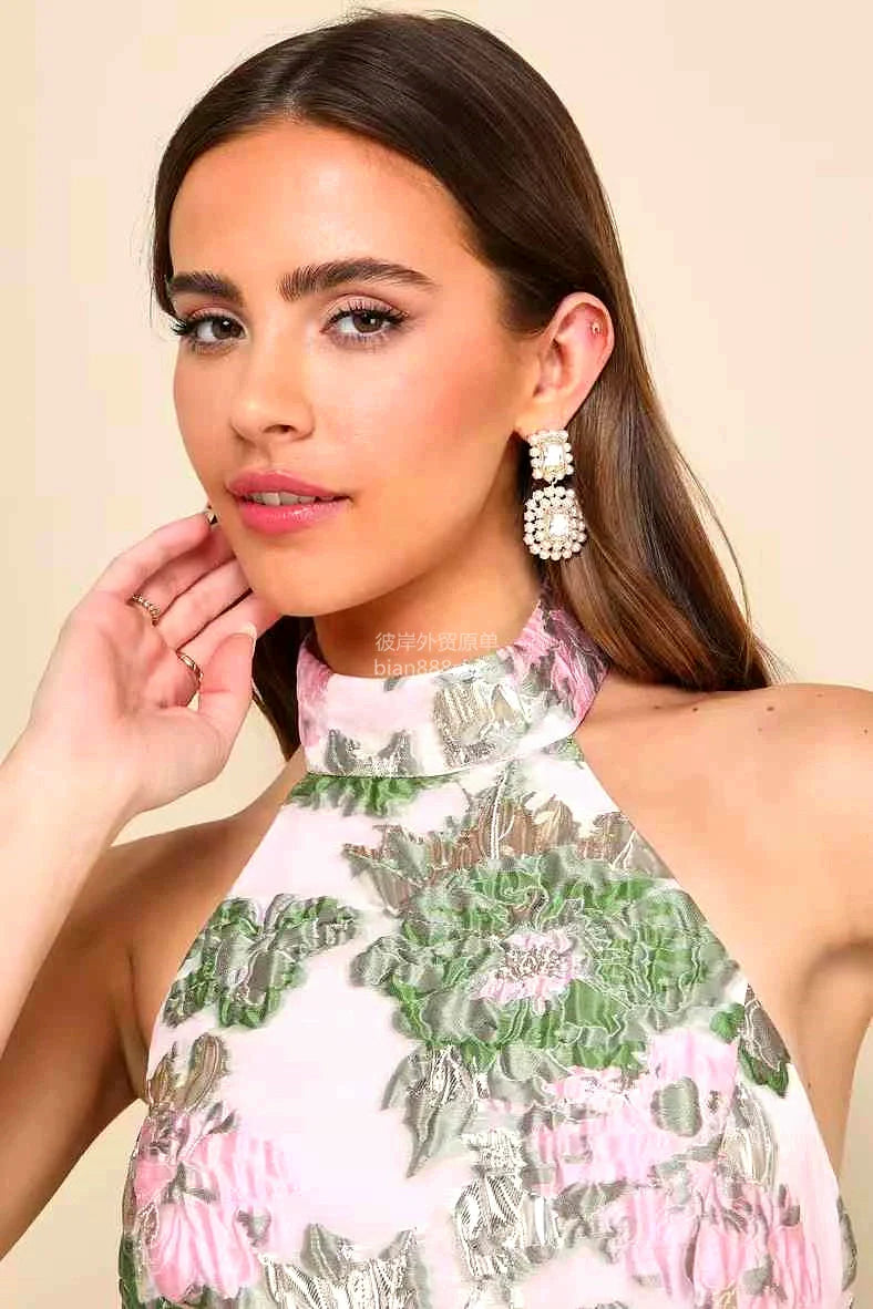 Jacquard Pink Green Floral Open Back Mini Dress Avalabel