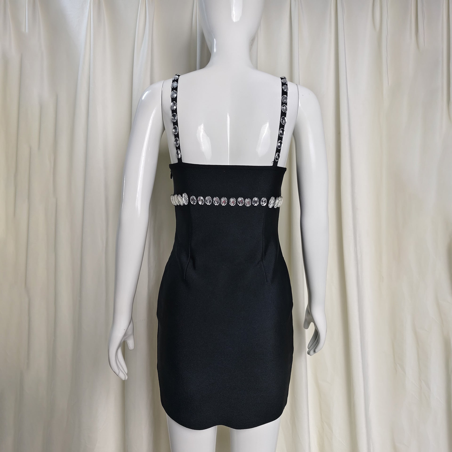 karen V-neck rhinestone embellished stretch Bodycon mini dress in black Avalabel