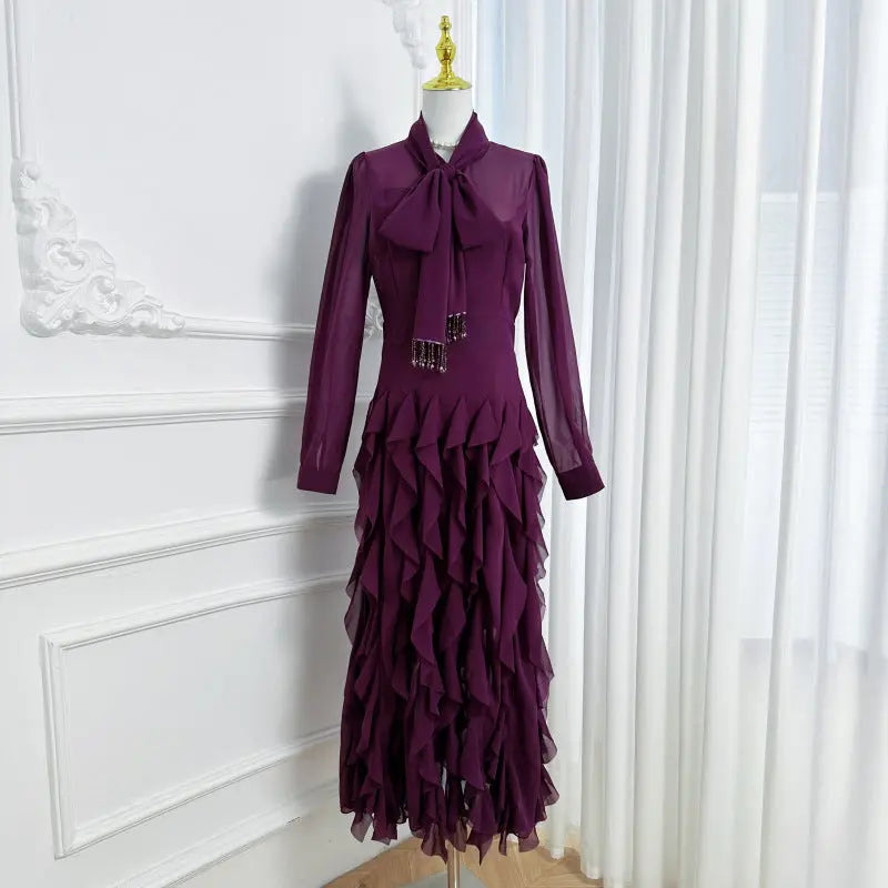 bonnie Purple Bow Neck Tiered Ruffle Maxi Dress Avalabel