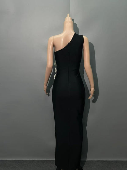 Black Heloise Flowers Slit One Shoulder Bandage Maxi Dress