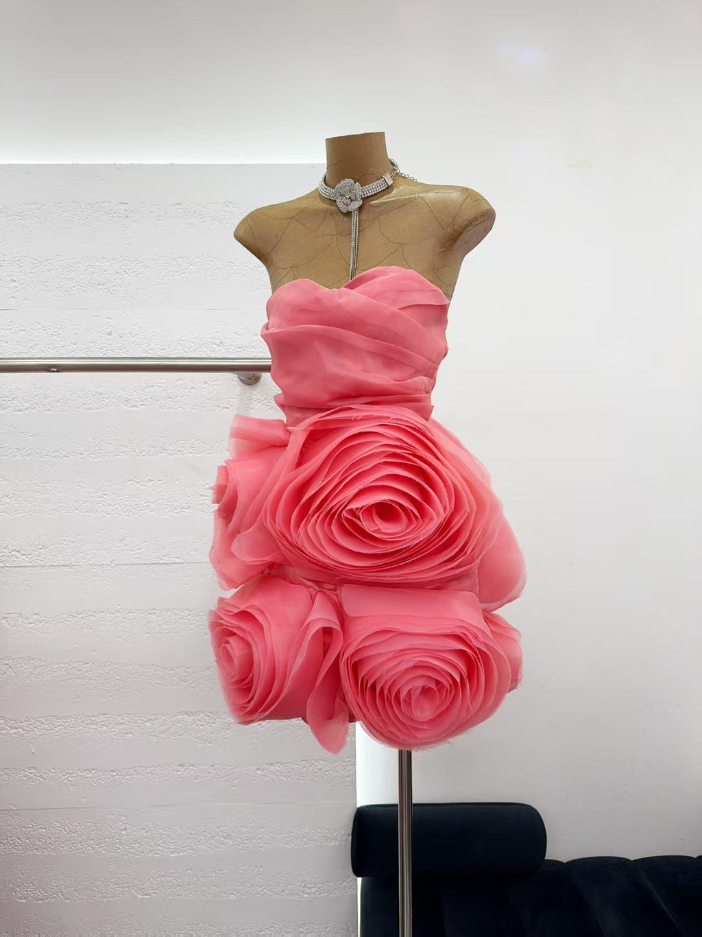 Georgia Appliquéd Organza Coral Mini Dress Avalabel