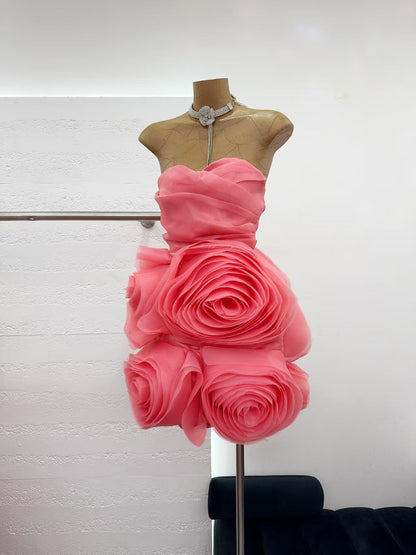 Georgia Appliquéd Organza Coral Mini Dress