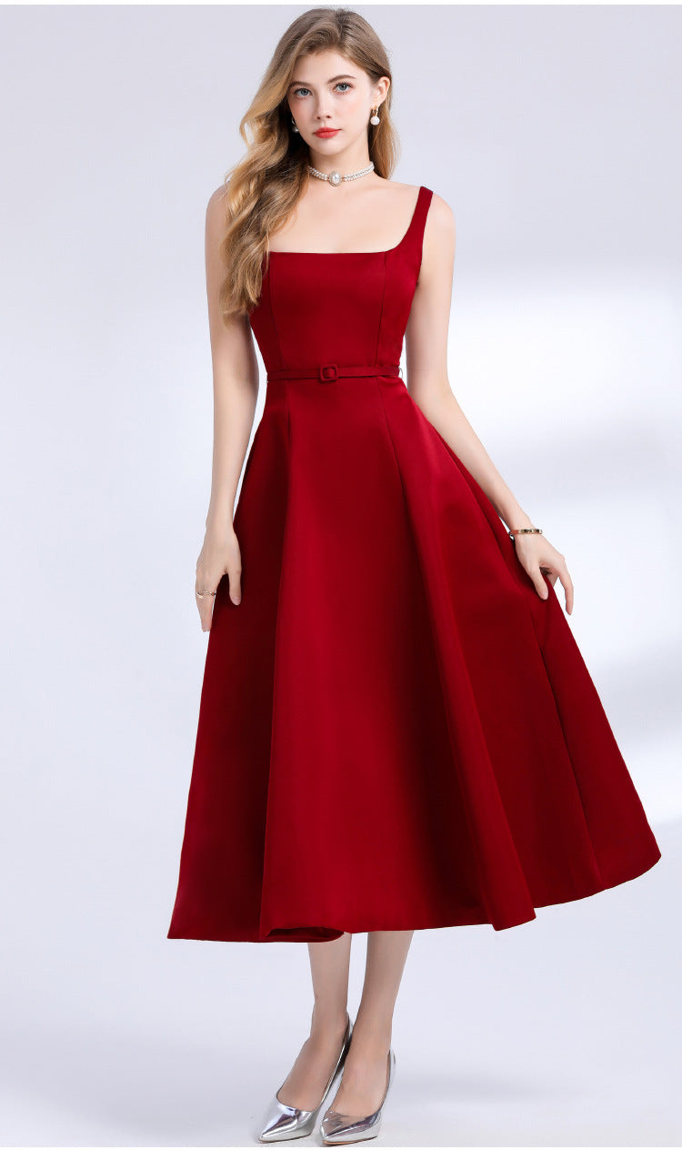 amelia square neck Satin Slip midi Dress - Red Avalabel