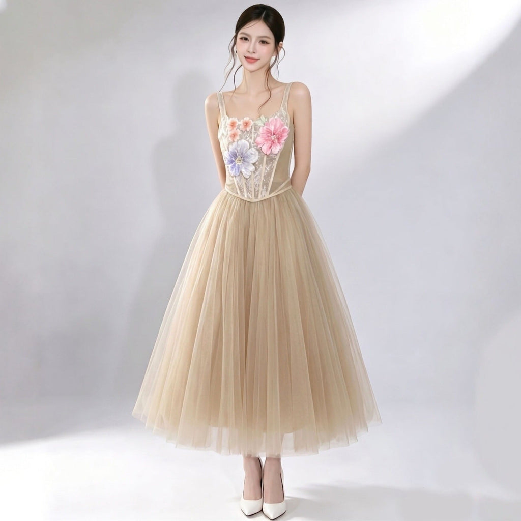 3D Floral Camisole Top & Tulle Skirt Set -  Champagne Avalabel