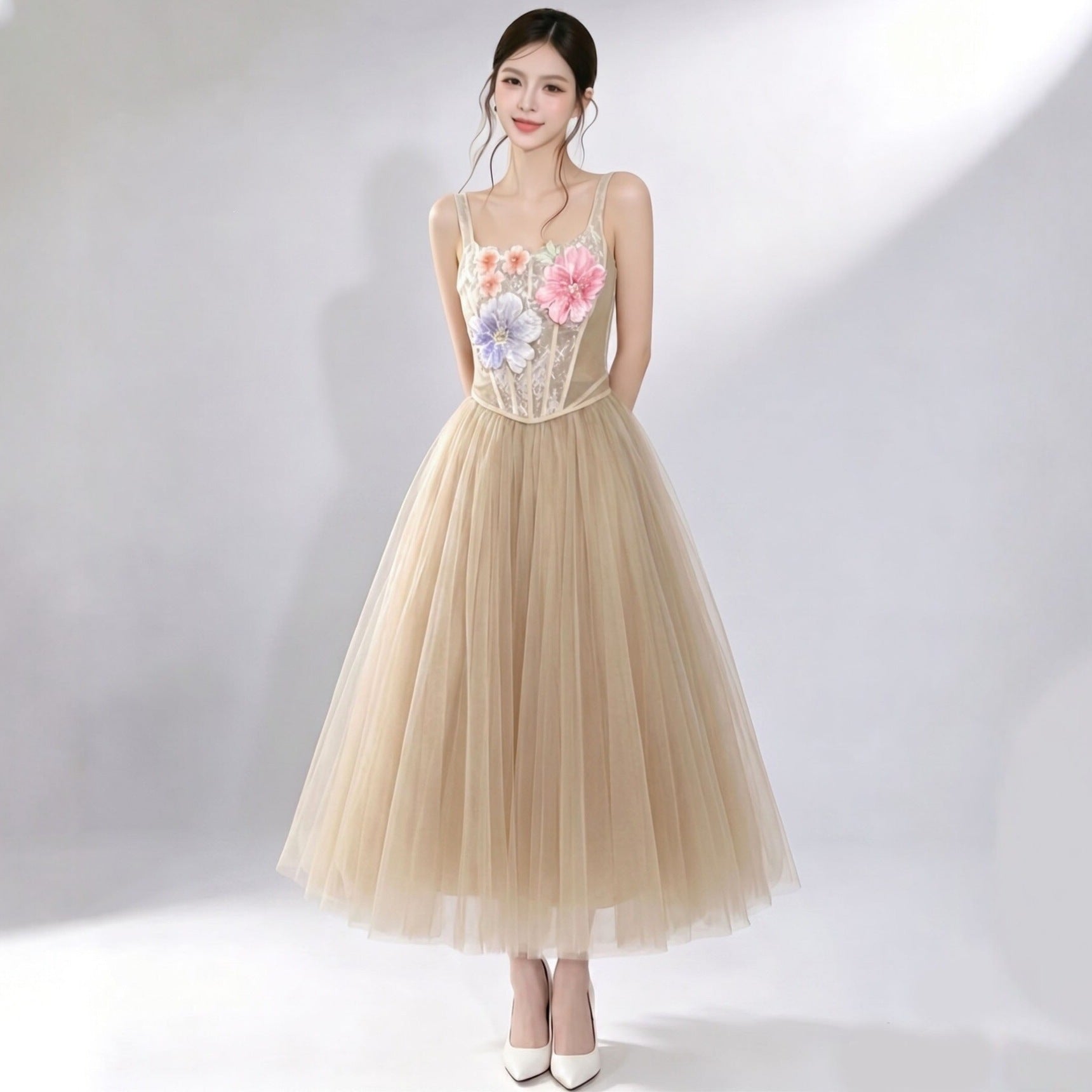 3D Floral Camisole Top & Tulle Skirt Set -  Champagne Avalabel