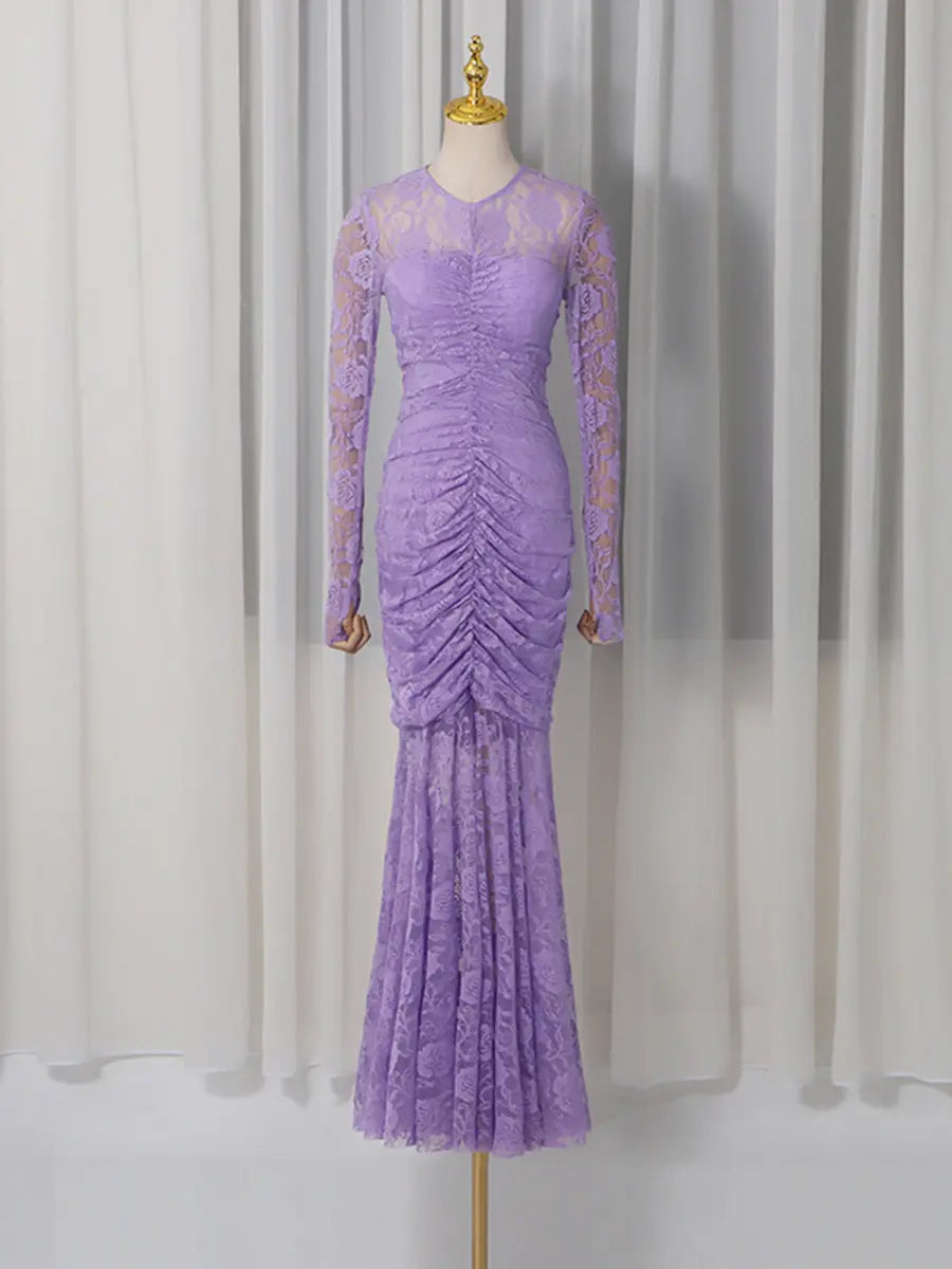 penny lace  hollow ruched bodycon long sleeve maxi dress in purple Avalabel