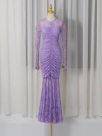 penny lace  hollow ruched bodycon long sleeve maxi dress in purple Avalabel