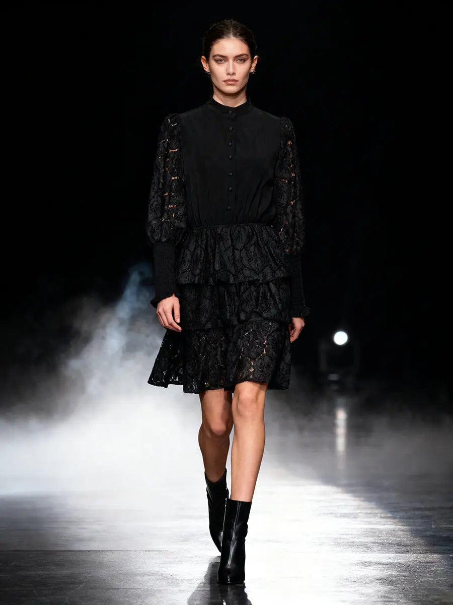 vanessa Long Sleeves Layered Lace Mini Dress in black Avalabel