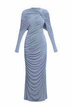 bonnie long sleeve pleated knot bodycon maxi dress in blue Avalabel