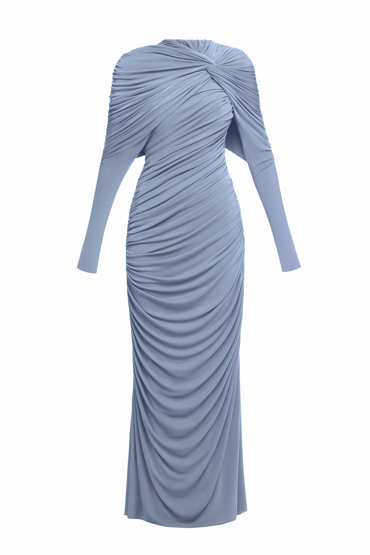 bonnie long sleeve pleated knot bodycon maxi dress in blue Avalabel