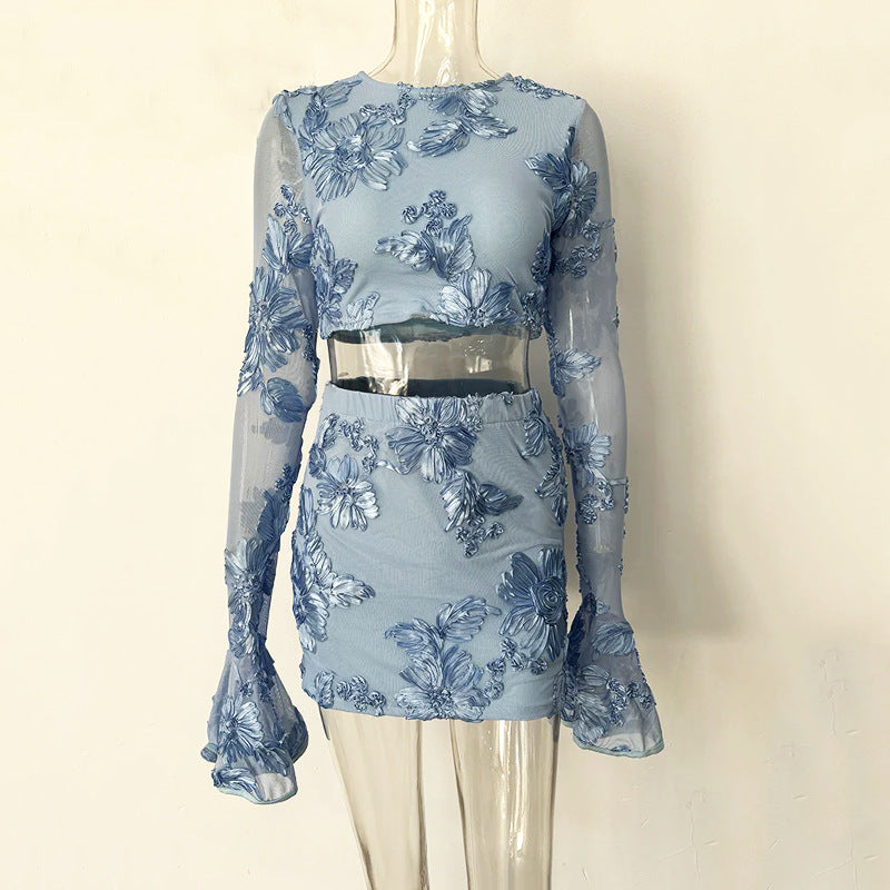 Nefertiti Apricot Embroidered Floral Backless T-shirt and Skirt Set Avalabel