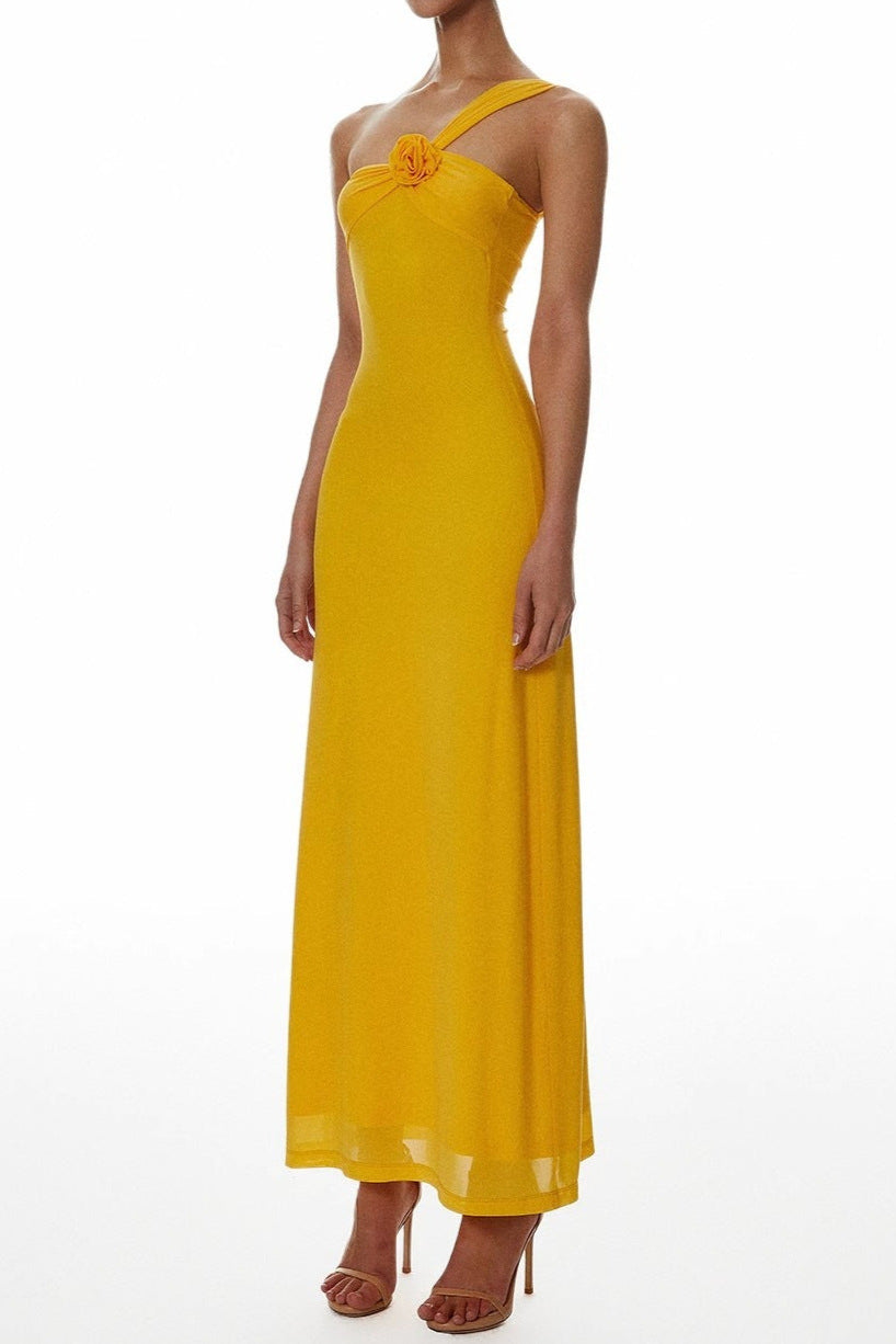 One-Shoulder Flower A-Line Maxi Dress in Yellow Avalabel
