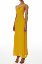 One-Shoulder Flower A-Line Maxi Dress in Yellow Avalabel