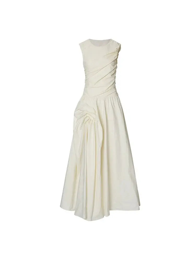 jenny ruched a-line sleeveless midi dress in apricot Avalabel