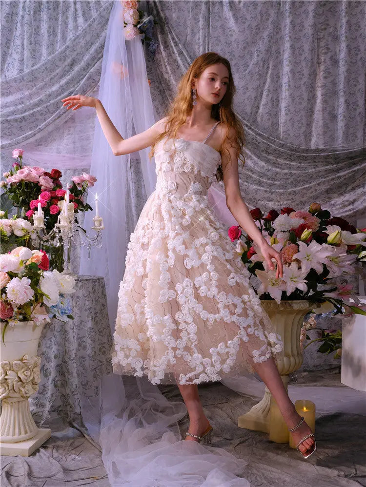 Leah White/Beige Sleeveless  Flower Dress Avalabel