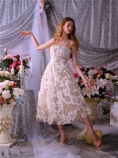 Leah White/Beige Sleeveless  Flower Dress
