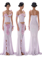 sigrid 3d flower strapless fishtail maxi dress in purple Avalabel