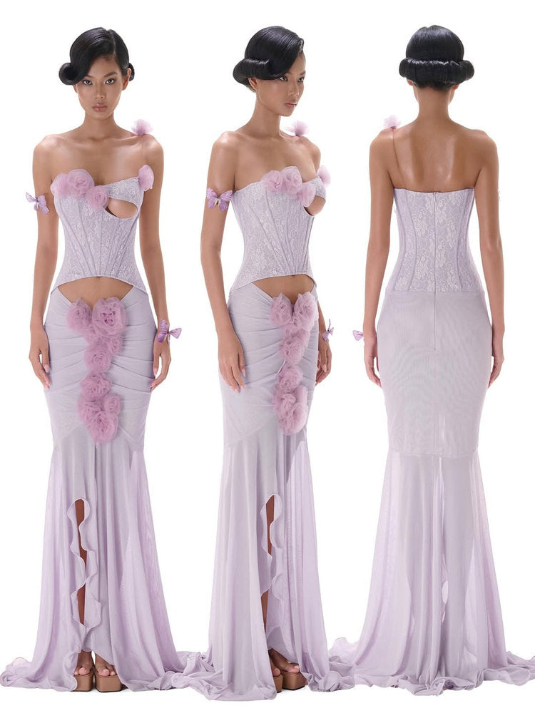 sigrid 3d flower strapless fishtail maxi dress in purple Avalabel