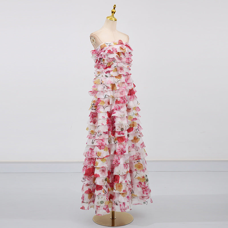 Cathy Floral Print Pleated Layer Strapless Maxi Dress in Pink Avalabel