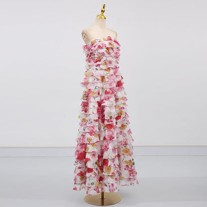 Cathy Floral Print Pleated Layer Strapless Maxi Dress in Pink