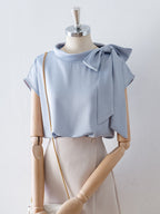 Asymmetrical Side Big Bow Stand Collar Cap Sleeve Satin Blouse poava