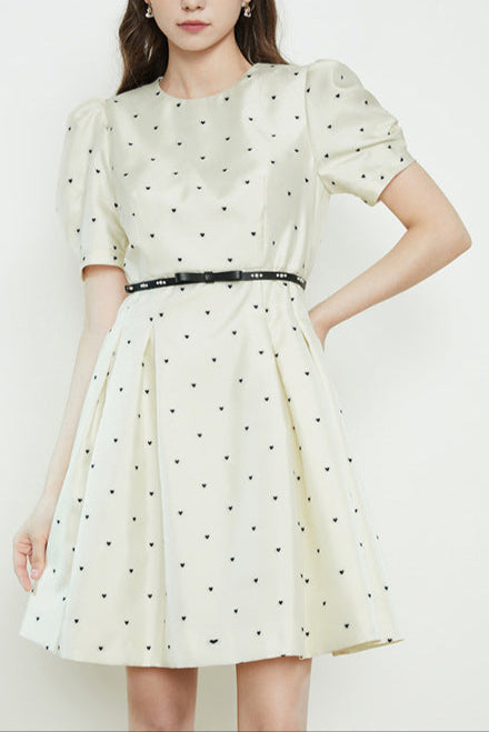Elsie Polka Dot Puff Sleeve mini dress in beige Avalabel