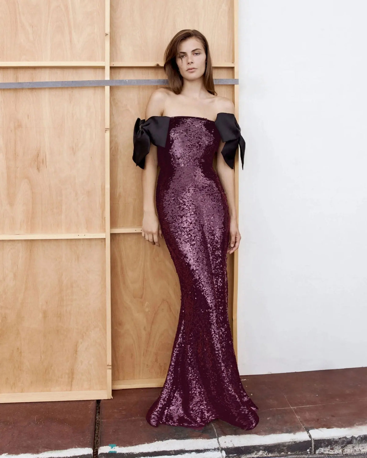 jessie Bow Detail Bardot Sequin Maxi Dress In burgundy Avalabel
