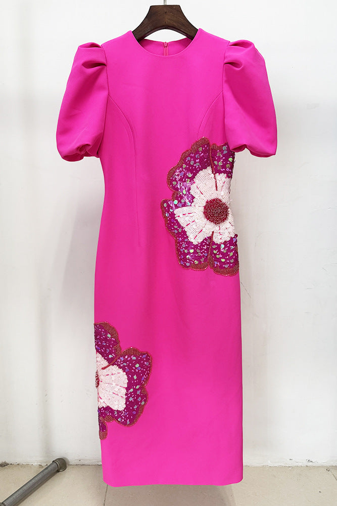 Sequin Flower Embellished Puff Sleeve Midi Dress in Pink Avalabel