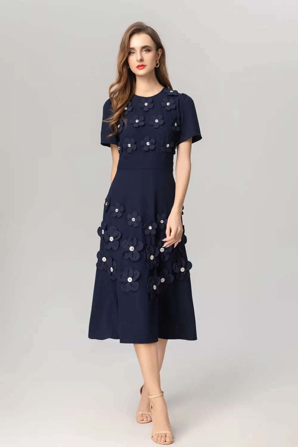 katherine 3d flower appliqué midi dress in navy blue Avalabel