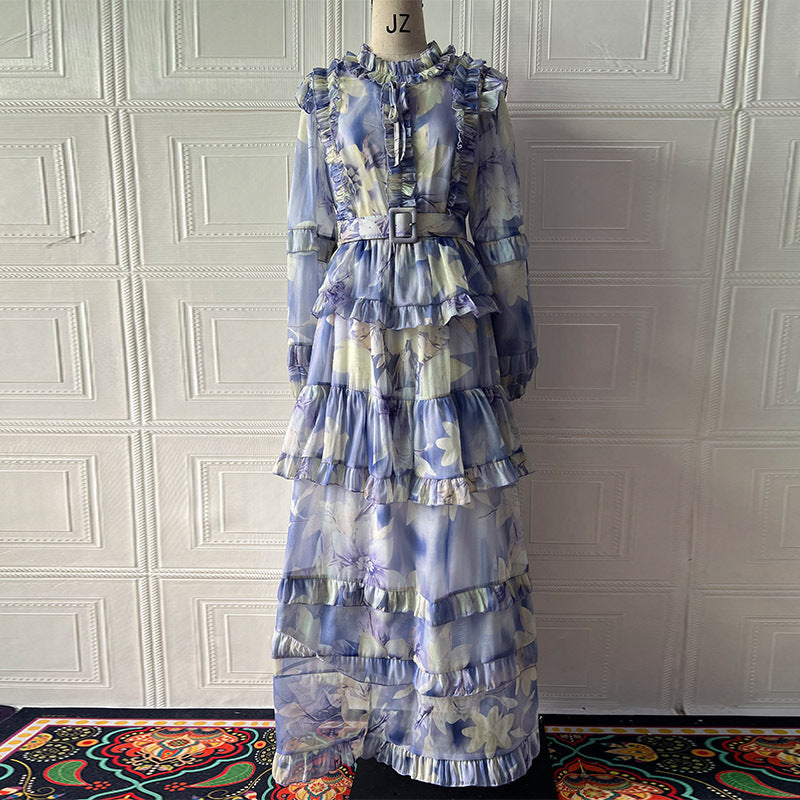 Alyssa Purple Floral Print Ruffle Maxi Dress With Belt Avalabel